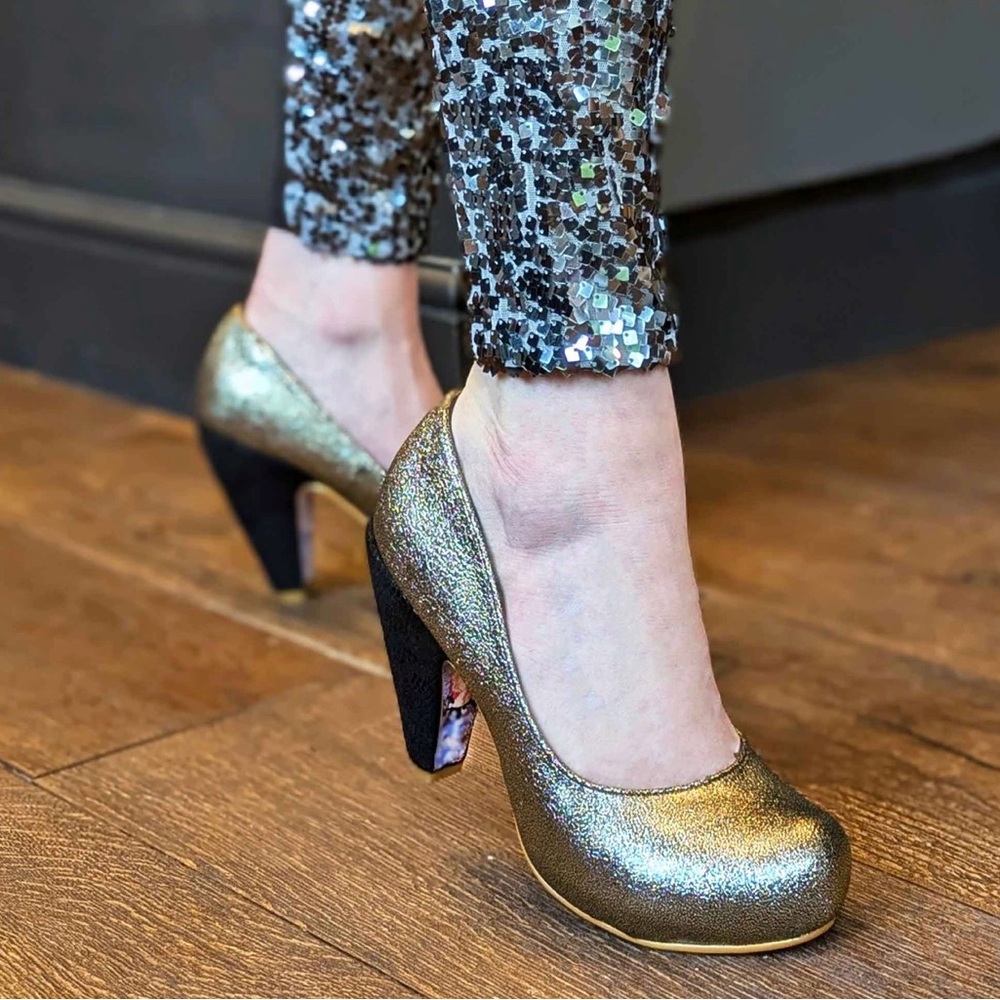 Gold Glitter Heels with Pink Floral Accent